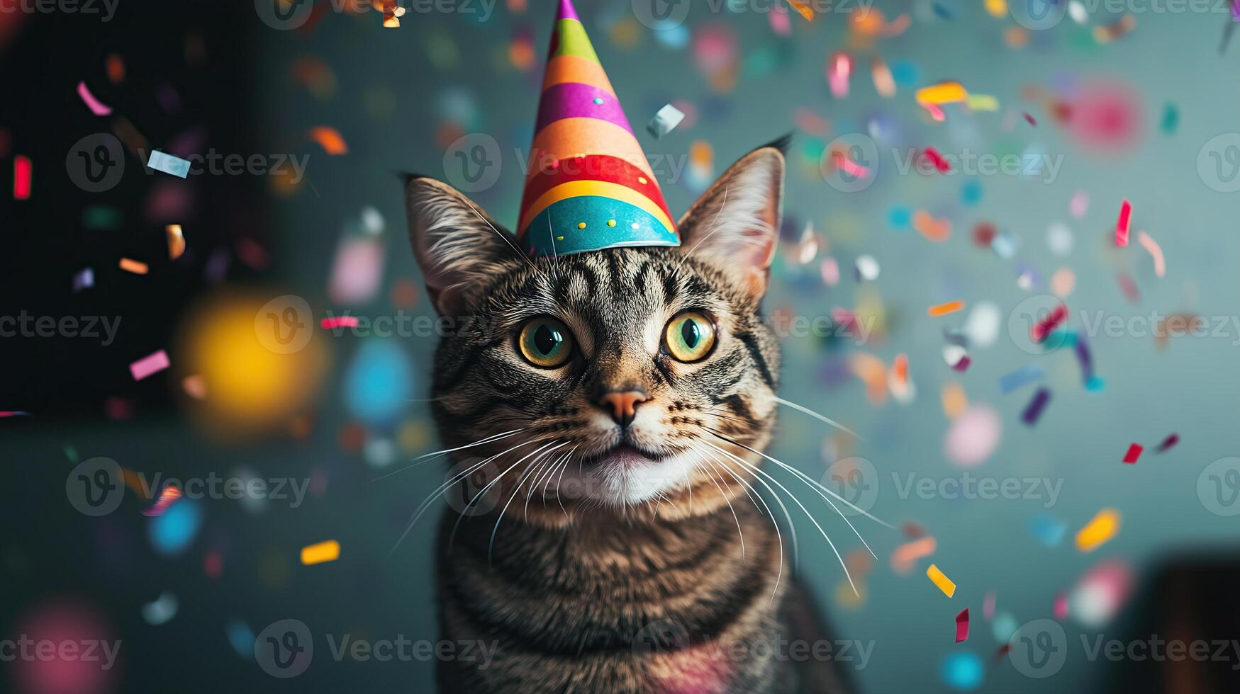 A tabby cat wearing a colorful party hat photo