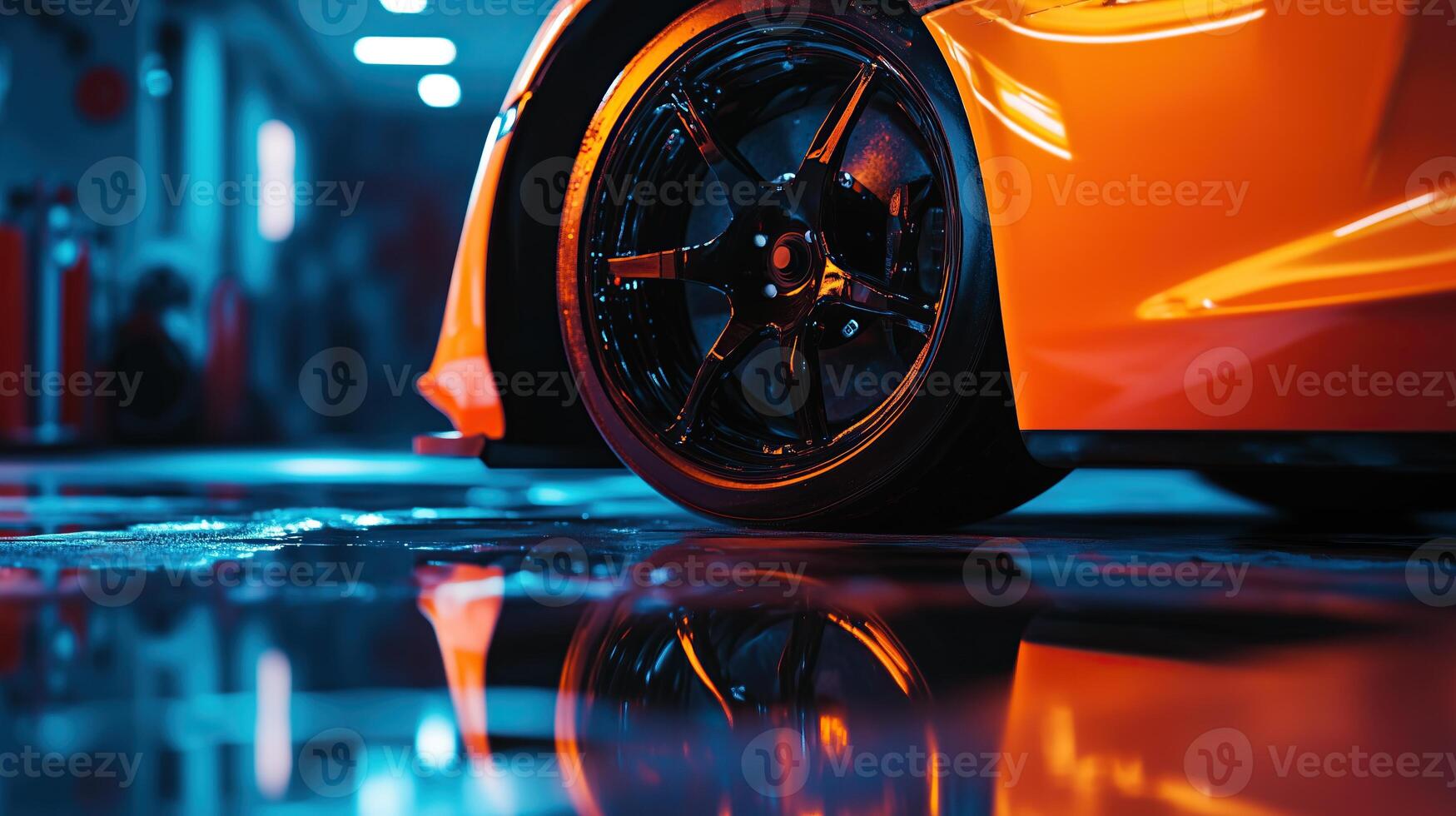 Close-up of a sports car's wheel in a garage photo