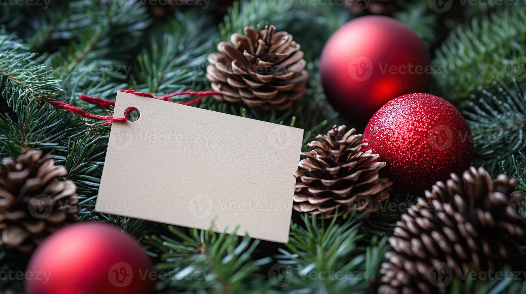 A blank tag placed among pine cones, red ornaments photo