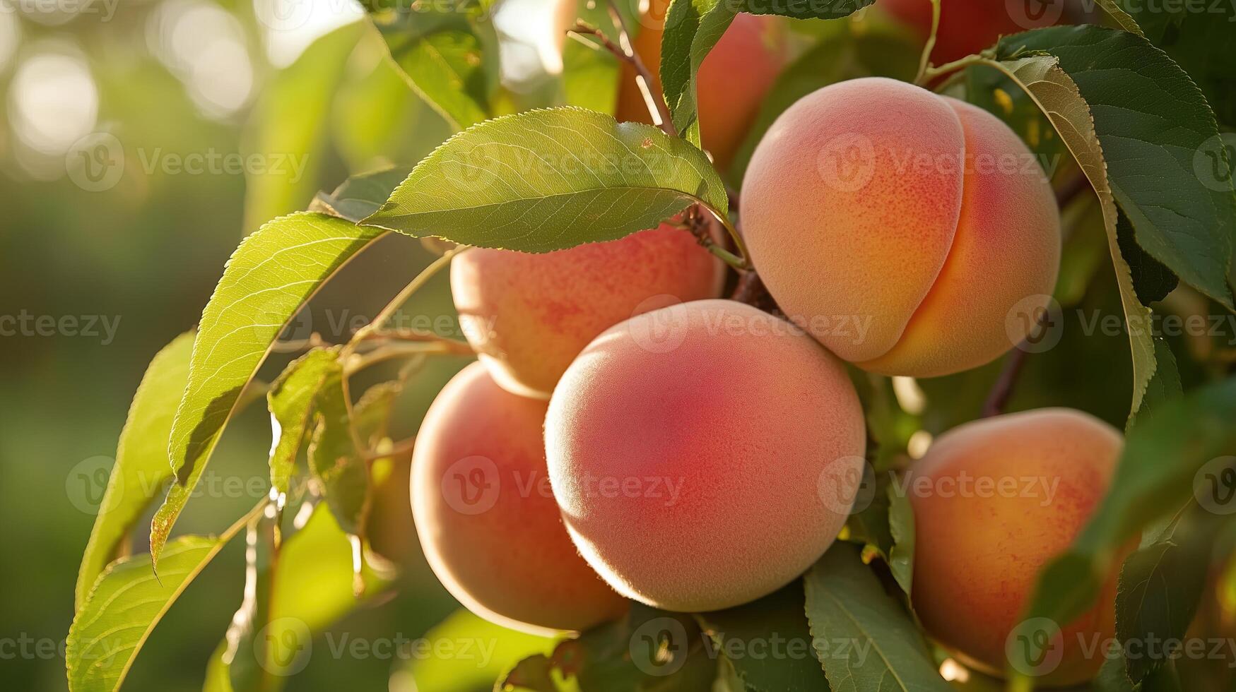 A bunch of peaches are on a leafy branch photo