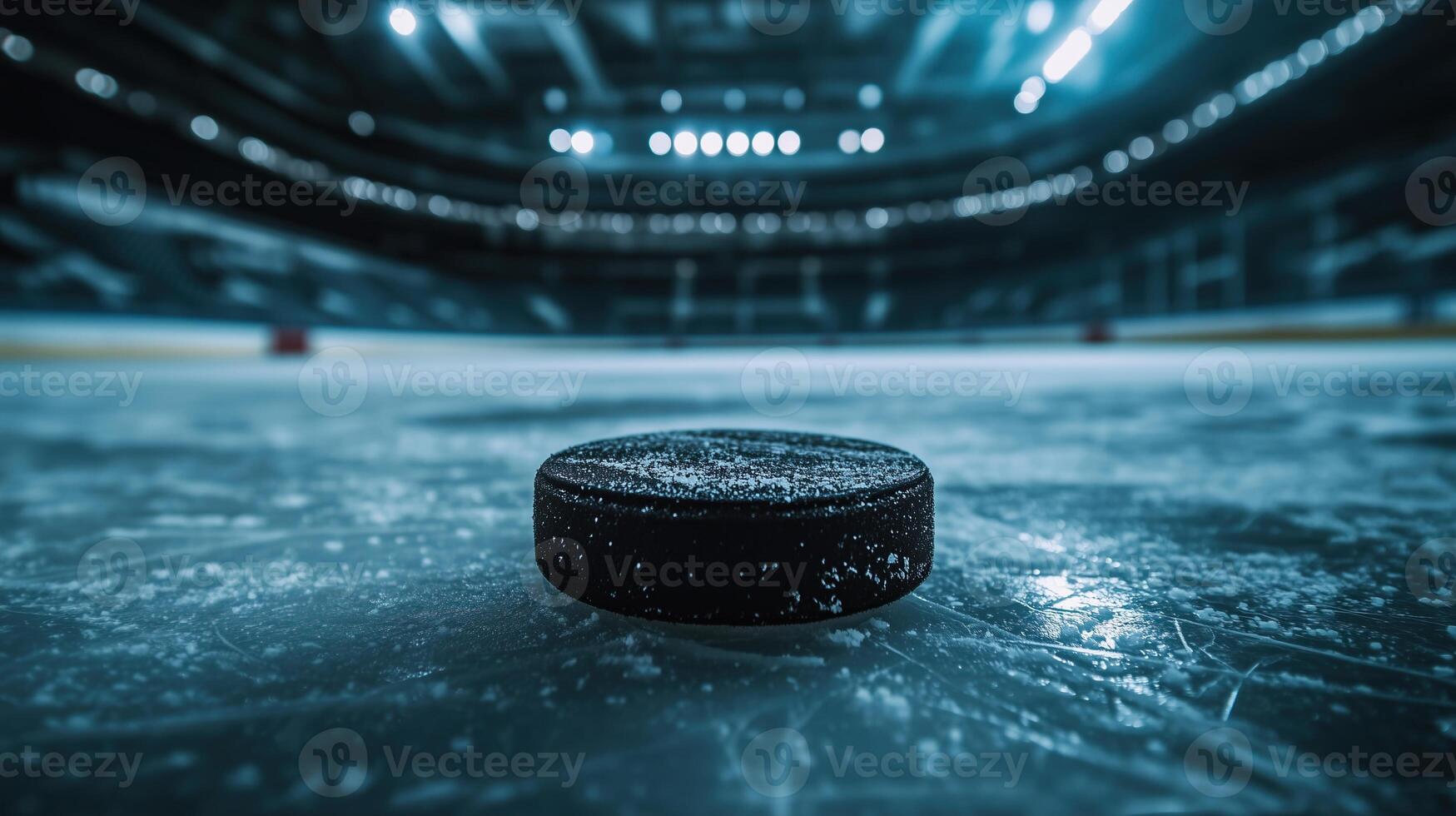 Close-up of a hockey puck on the ice in a stadium photo