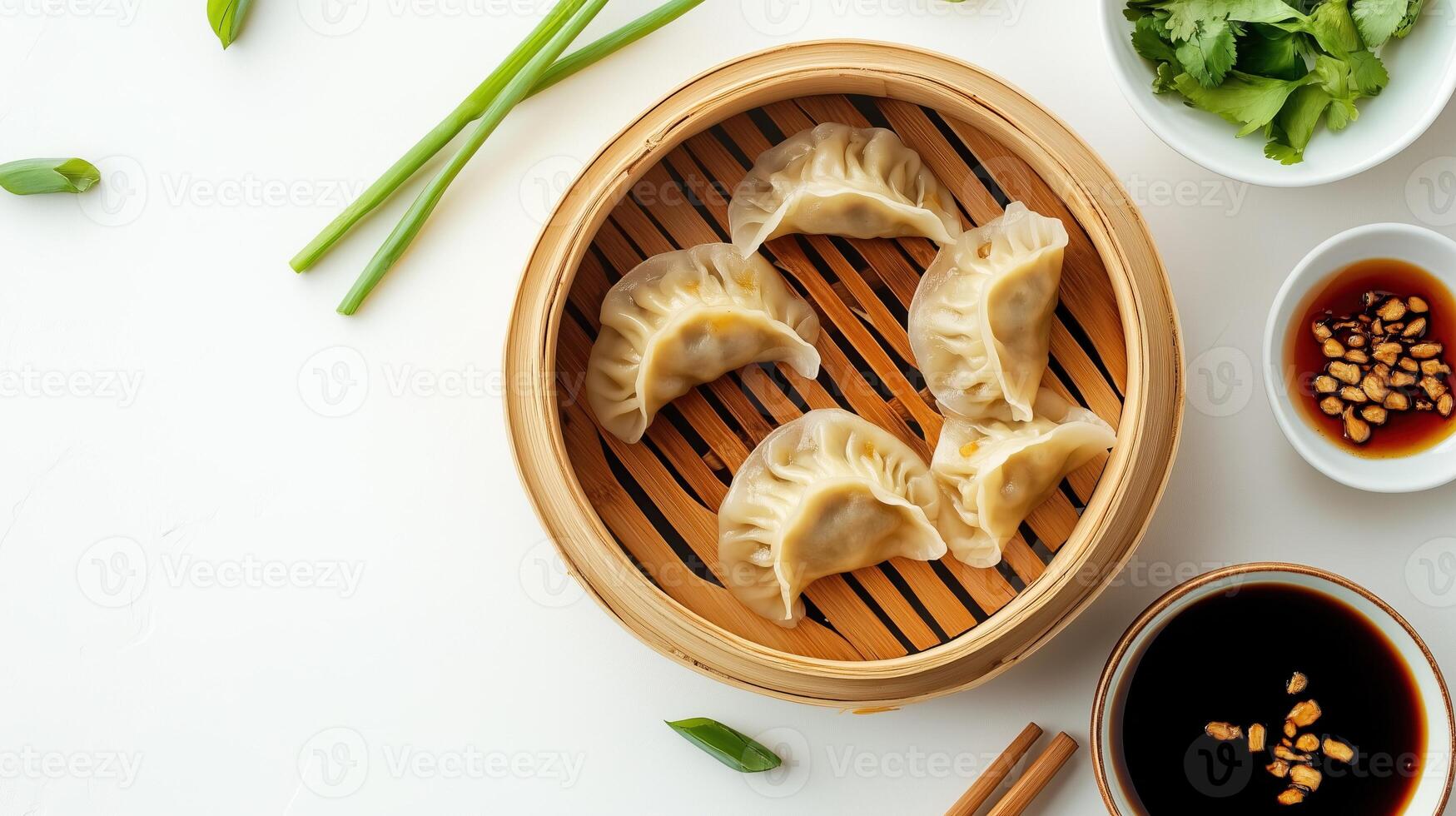 Chinese dumplings on table flat lay view photo