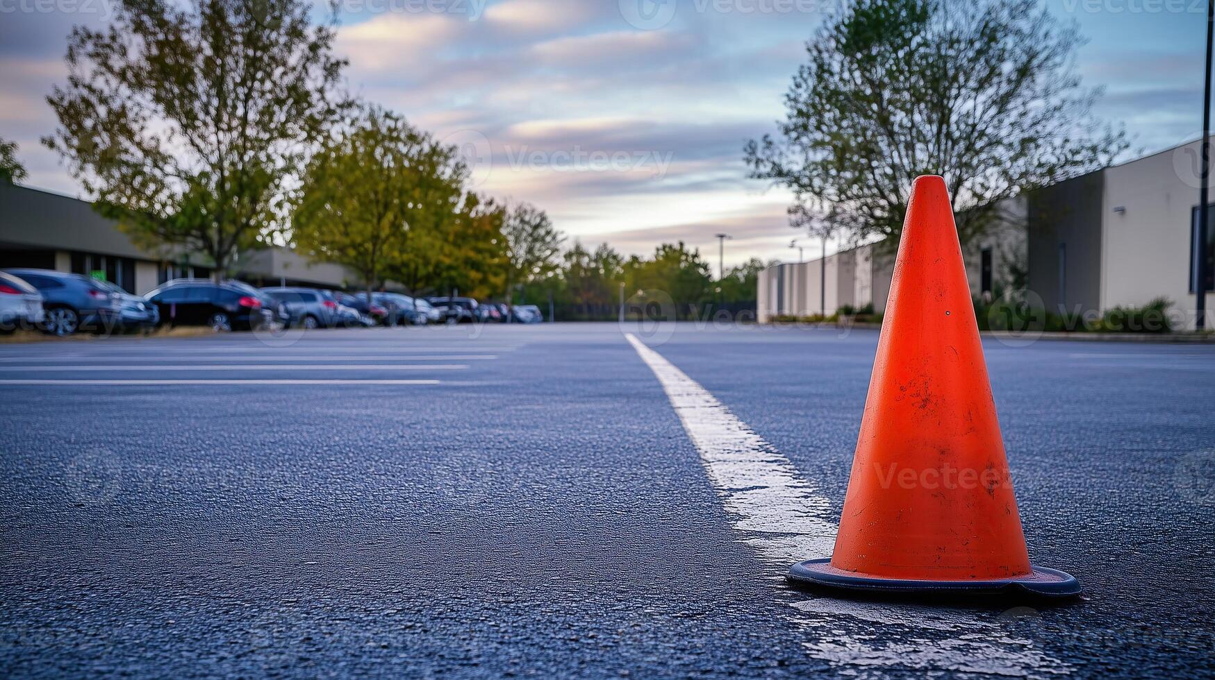 Traffic cone unused beside building in parking lot photo