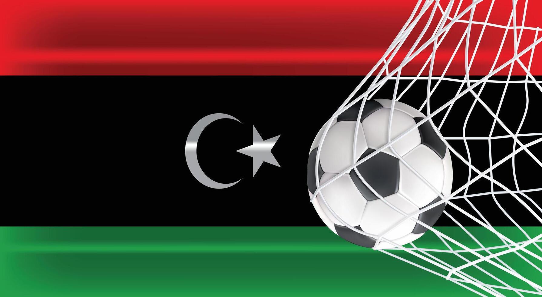 Soccer or Football ball in Goal Net Isolated on Libya Shaded Flag, Sports Accessory Equipment for Playing Game, Championship and Competition Design Element Realistic 3D vector