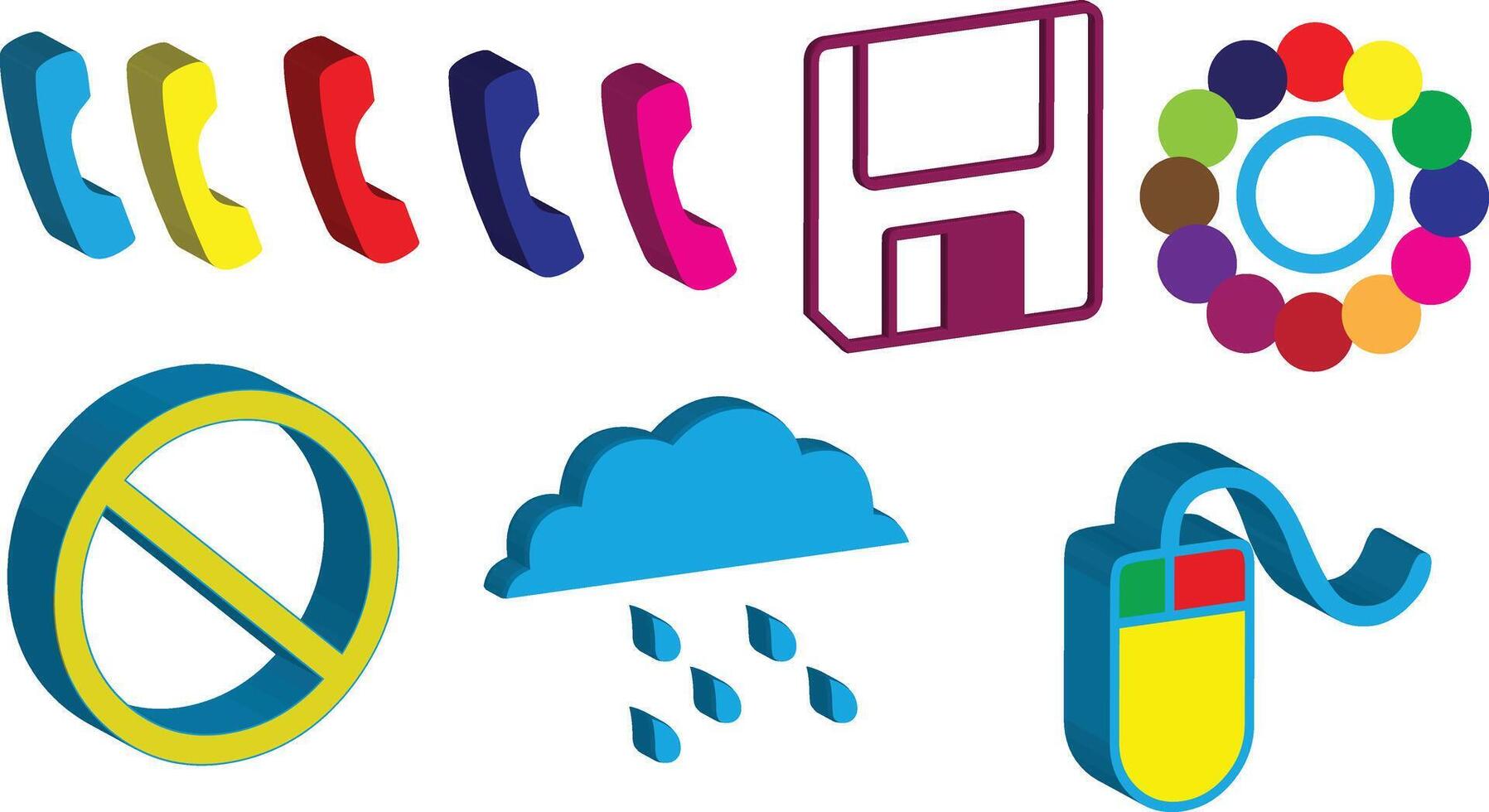 Phone ban rainy cloud save paint and mouse icons logos in 3d isolated on transparent white background vector