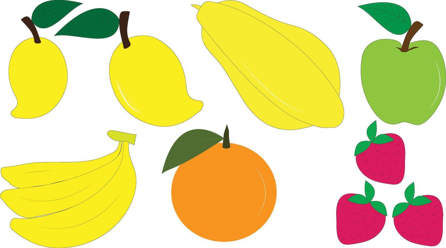 Different types of fruits apple banana strawberry mango papaya and orange isolated on transparent white background vector