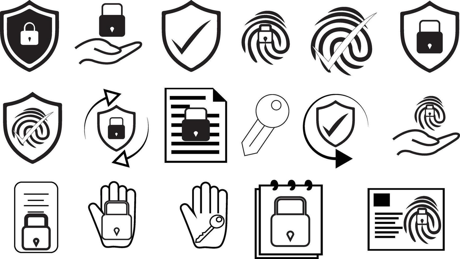 Security icons lock with hand, key with hand, lock with fingerprints, lock with document page, lock with calendar date and diary symbol, finger prints with correct symbol, finger prints with documents vector