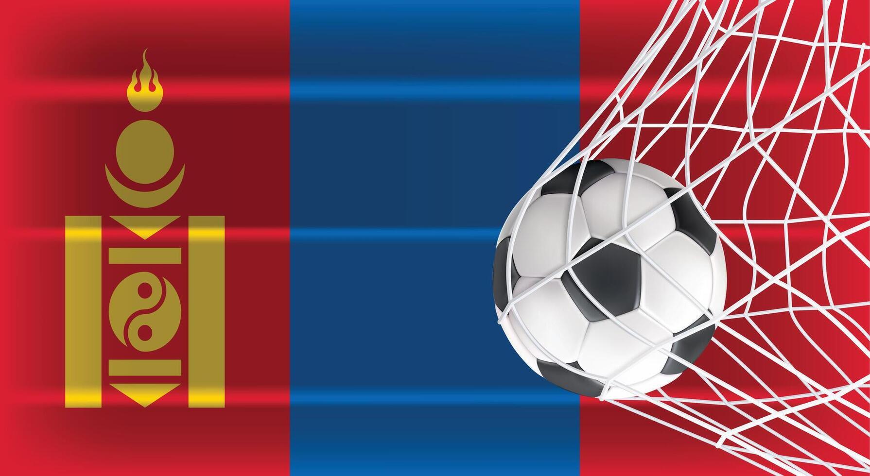 Soccer or Football ball in Goal Net Isolated on Mongolia Shaded Flag, Sports Accessory Equipment for Playing Game, Championship and Competition Design Element Realistic 3D vector