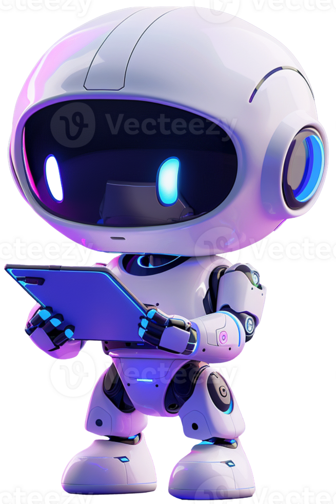 3D character icon of a full-body PC computer with robotic arms and legs, standing next to a product stand png