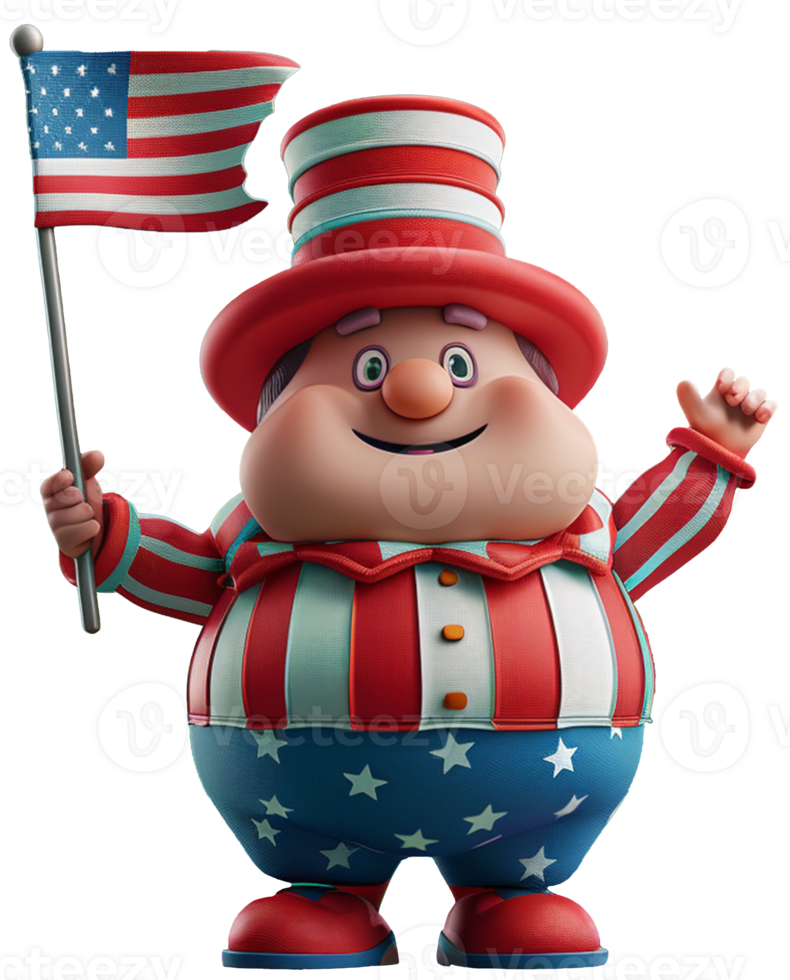 3D character icon of a full-body American character celebrating Independence Day, holding the American flag, png