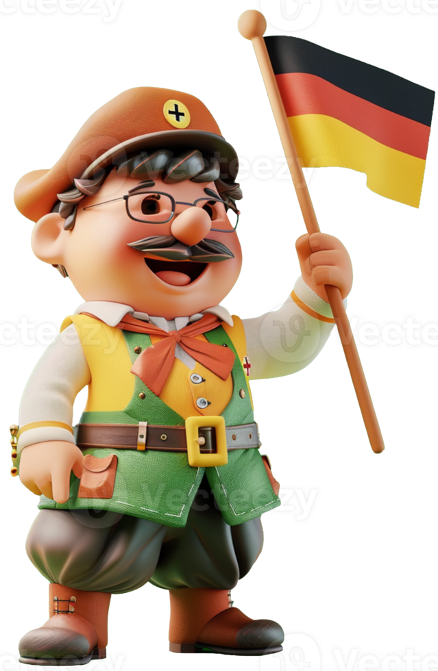 3D character icon of a full-body German character celebrating Unity Day, holding the German flag png