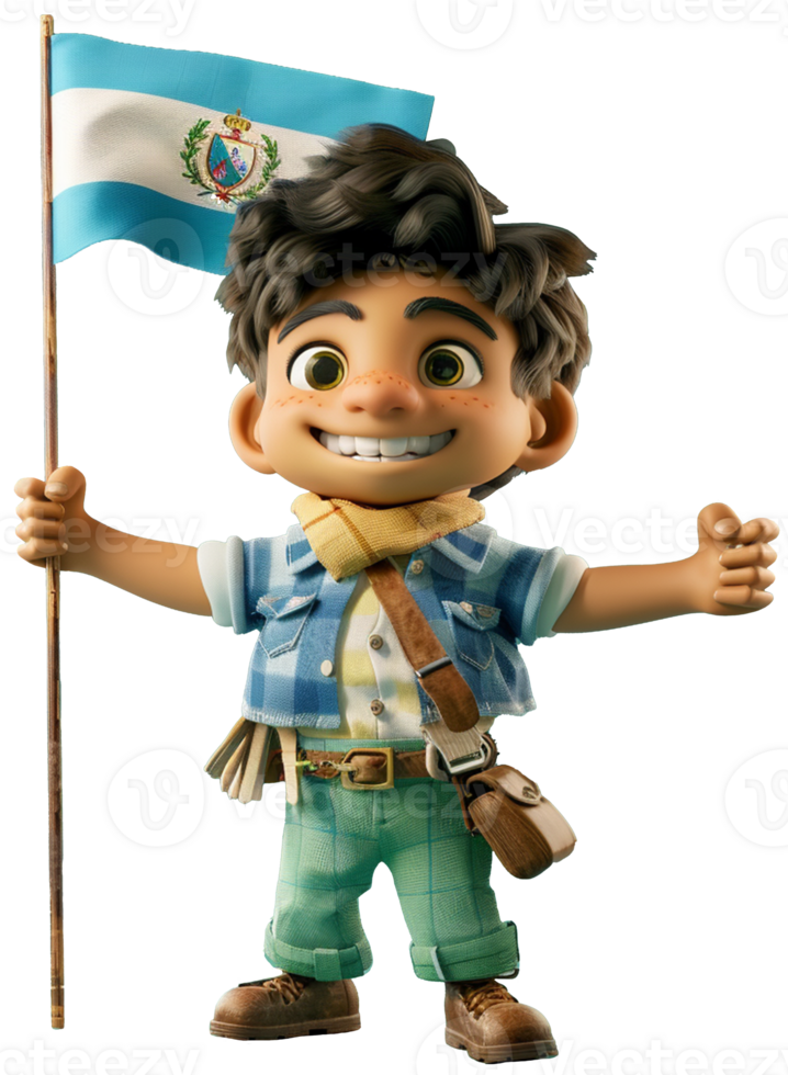 3D character icon of a full-body Argentine character celebrating Independence Day, holding the Argentine flag, wearing traditional attire png