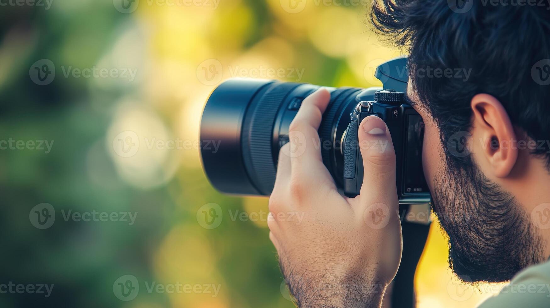 Photographer man viewing his photos on the camera