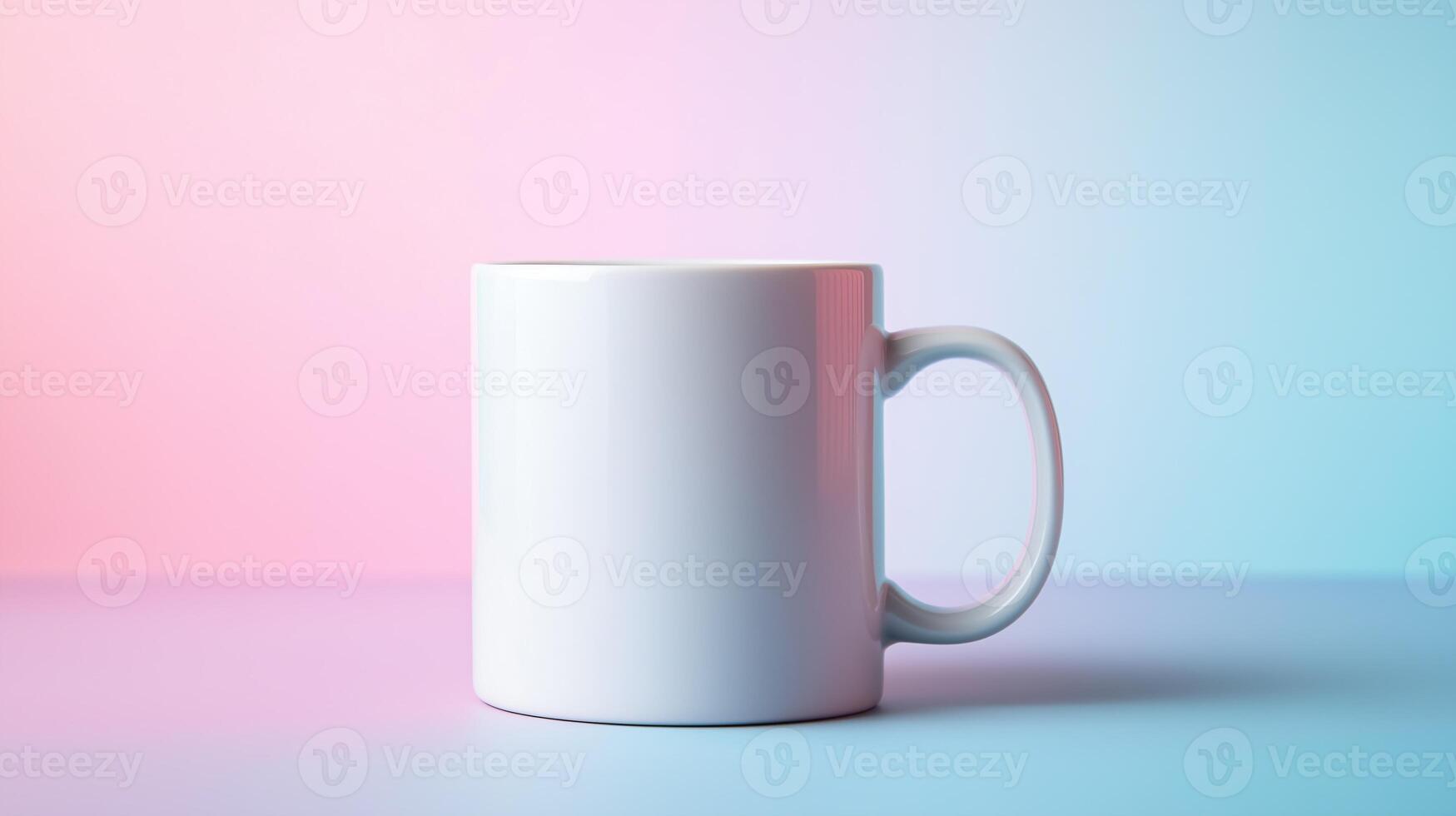 Single white coffee mug in front of pastel pink and blue photo