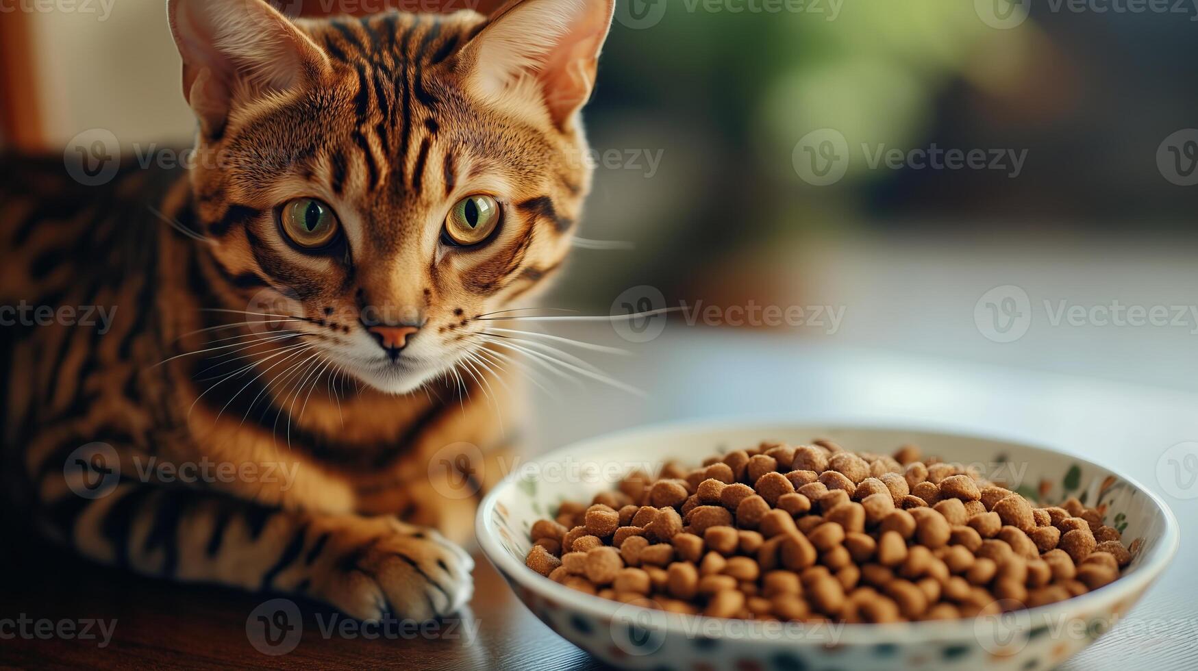 A bowl of dry cat food on the table and a Bengal cat photo