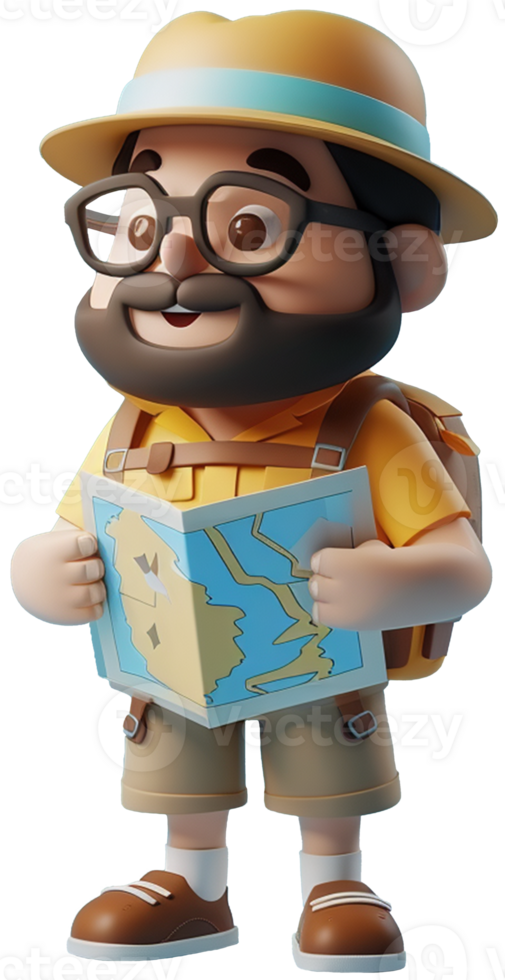 3D character icon of a full-body tour guide, wearing casual attire and holding a map png
