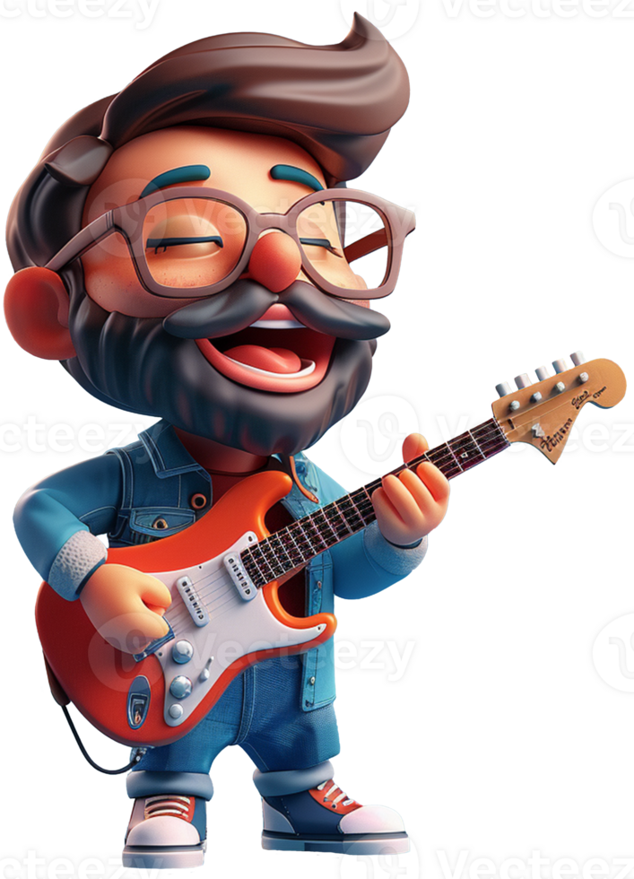 3D character icon of a full-body musician, wearing a stylish outfit and holding a guitar, png