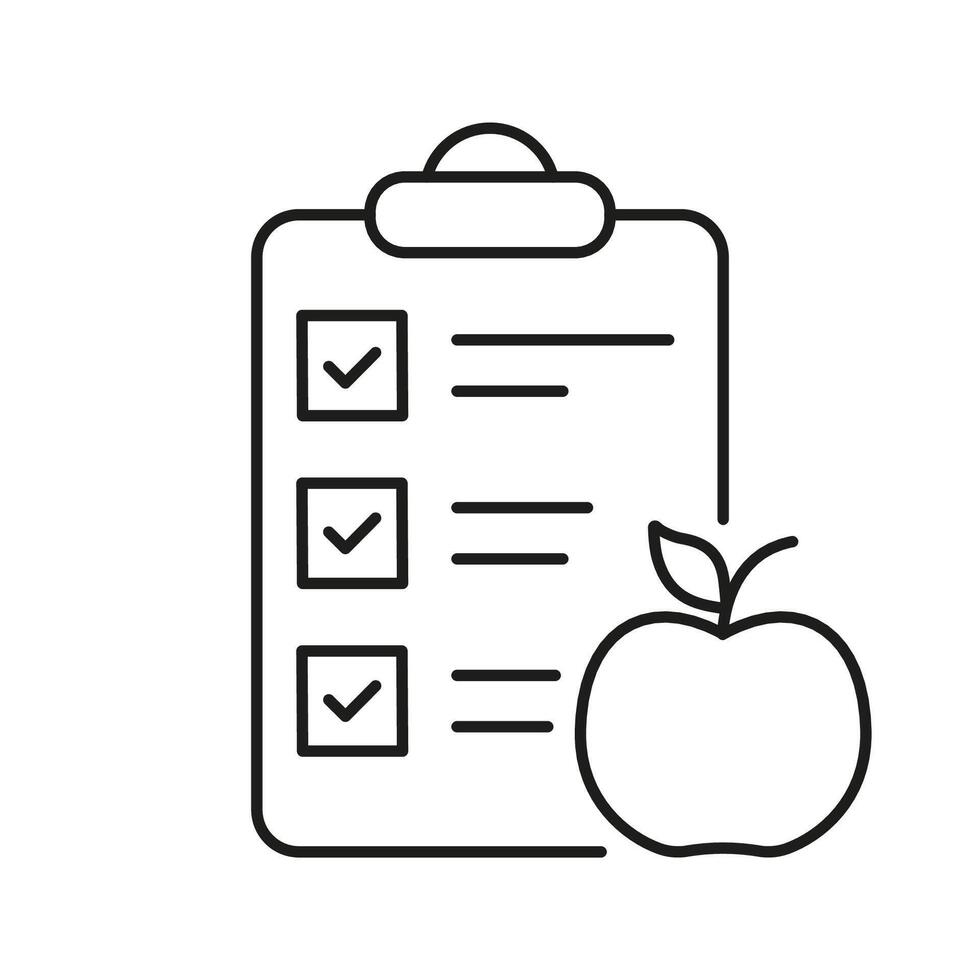 Diet Planning Checklist With Apple Line Icon, Healthy Food And Nutrition Concept, Wellness And Diet Design. Nutritious Food Choices. Isolated Illustration vector