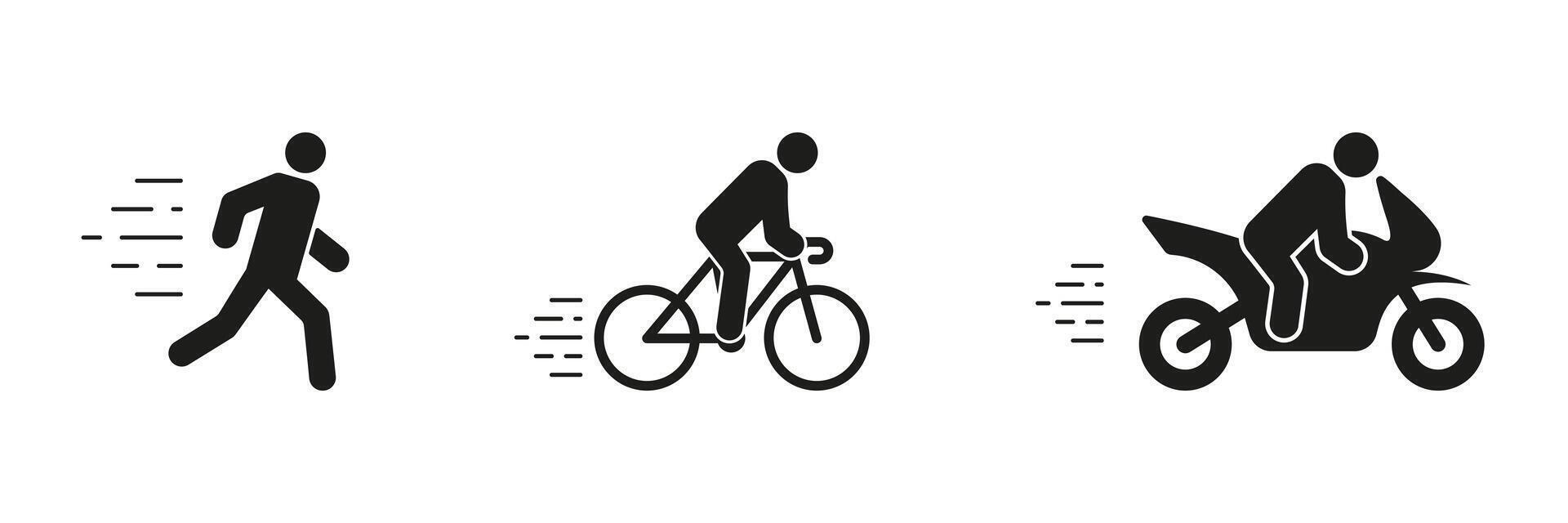 Running, Cycling, and Motorcycling Silhouette Icons Set, Speed and Movement Symbols. Active Lifestyle, Fitness, Speed, Adventure Concept. Isolated Illustration vector