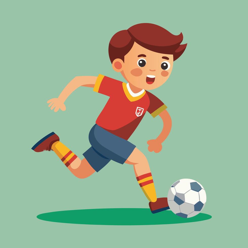 A boy in a red shirt is kicking a soccer ball vector