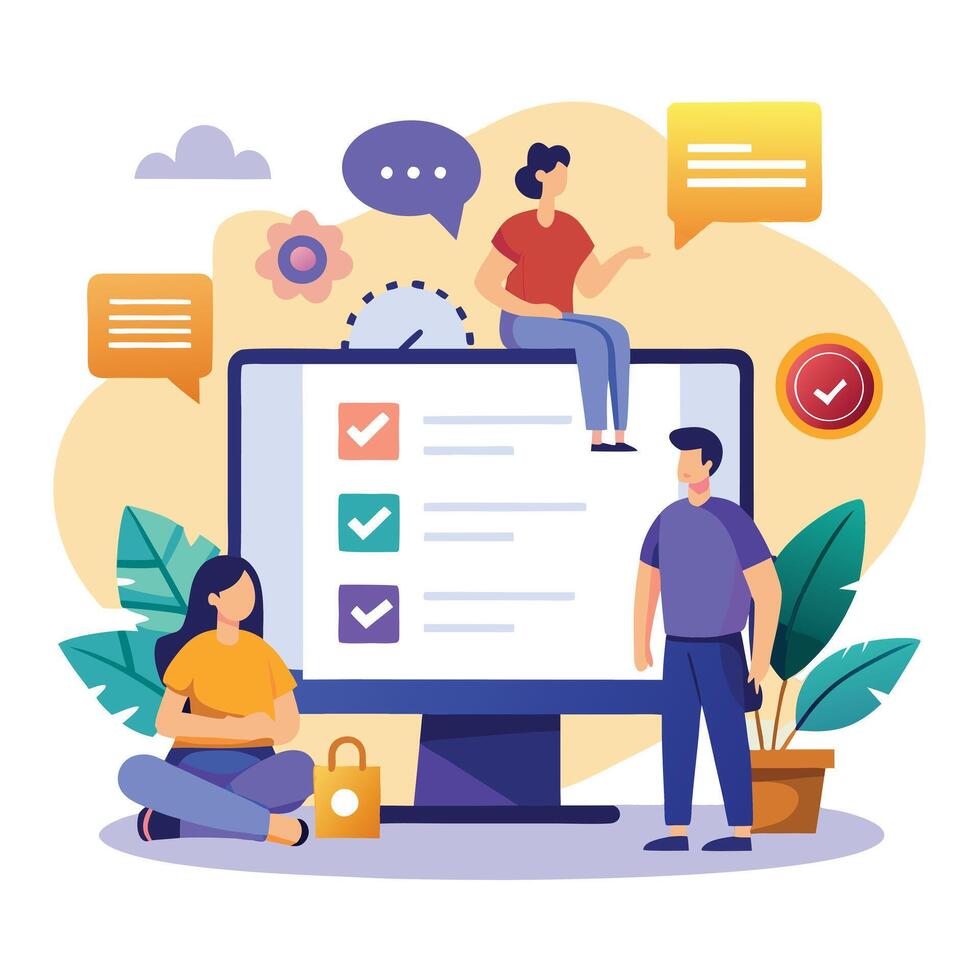 People working on a computer with check boxes and other icons vector