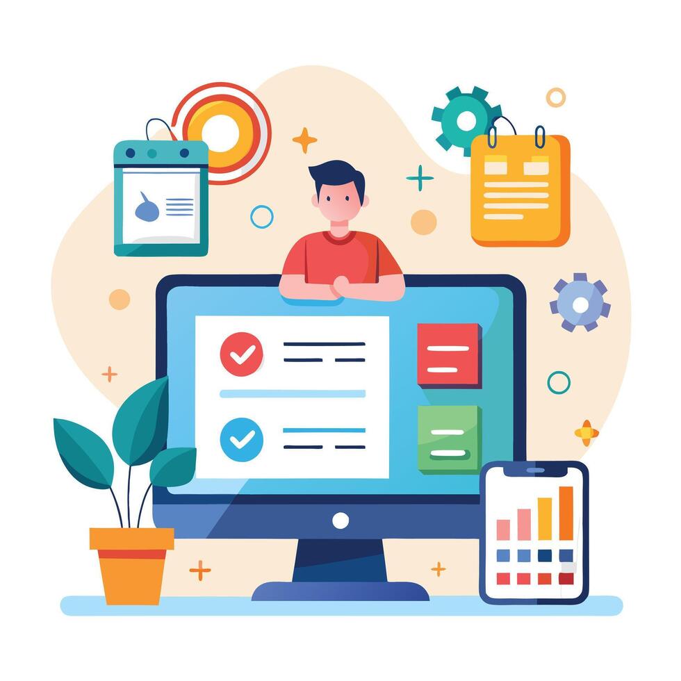 A man is sitting on a computer with a checklist and other items vector