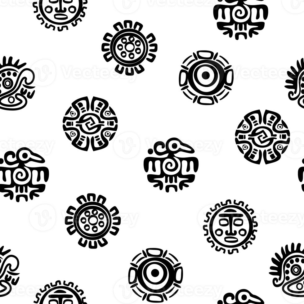Seamless pattern with Maya or Aztec hieroglyphs. Seamless background with American Indians relics dingbats characters for your design. Black colors png