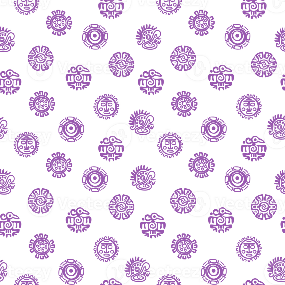 Seamless pattern with Maya or Aztec hieroglyphs. Seamless background with American Indians relics dingbats characters for your design. Violet color Background png