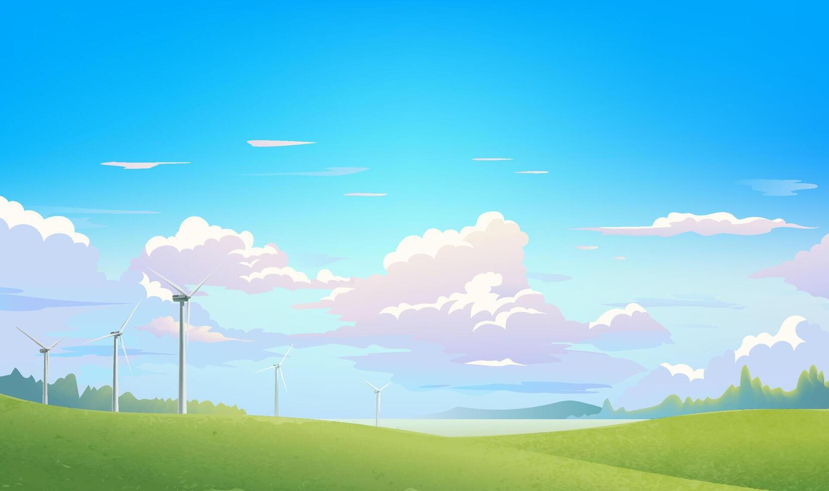 Hand painted environmental illustrations of wind turbines against a blue sky background vector