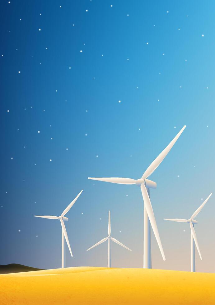 Hand painted vertical illustration of a wind turbine on a yellow earth blue night sky background vector