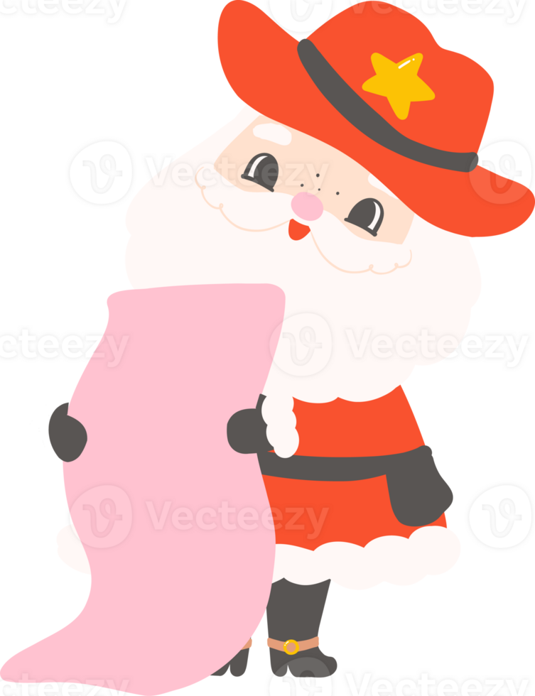 Cute Retro Cowboy Santa reading list Flat Design happy face png