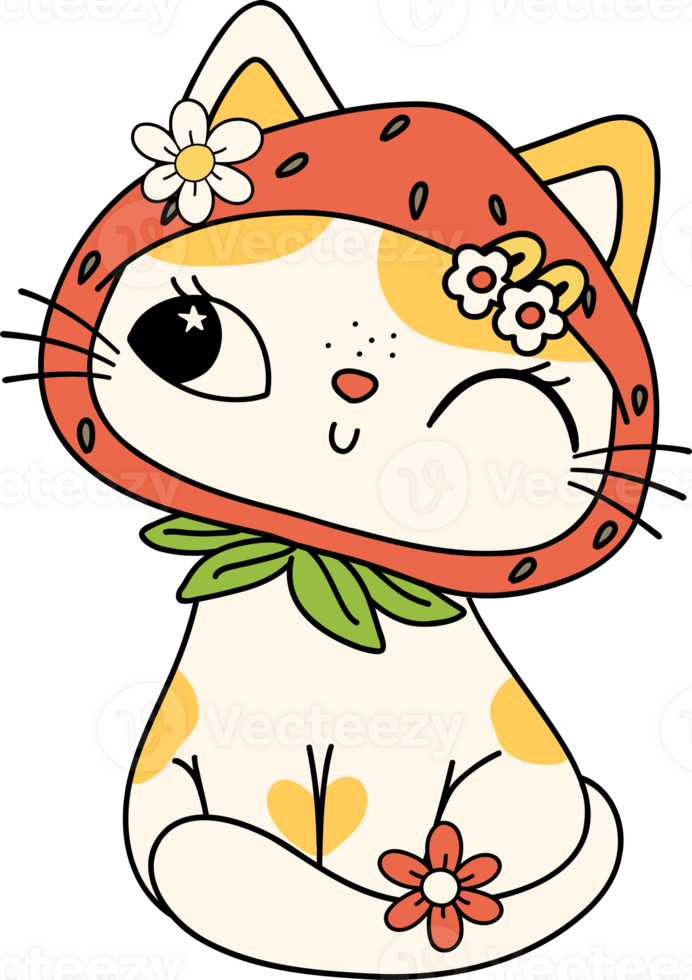 Retro Groovy Strawberry Cat sitting Doodle Character png
