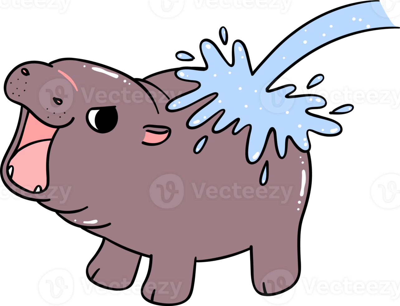 Baby Pygmy Hippo with splash water Cartoon Grumpy Doodle Character png