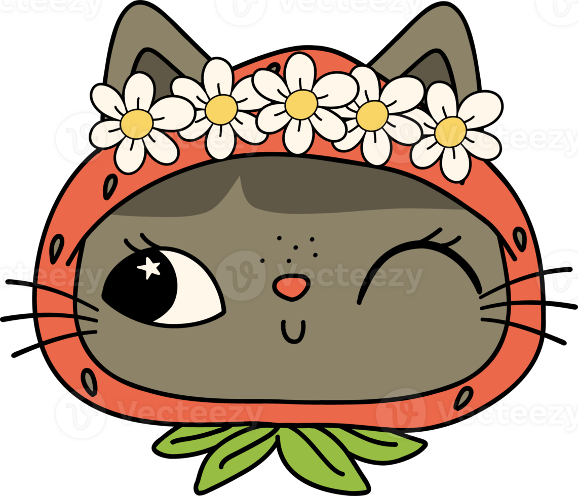 Retro Groovy Strawberry Cat girl face Doodle Character png