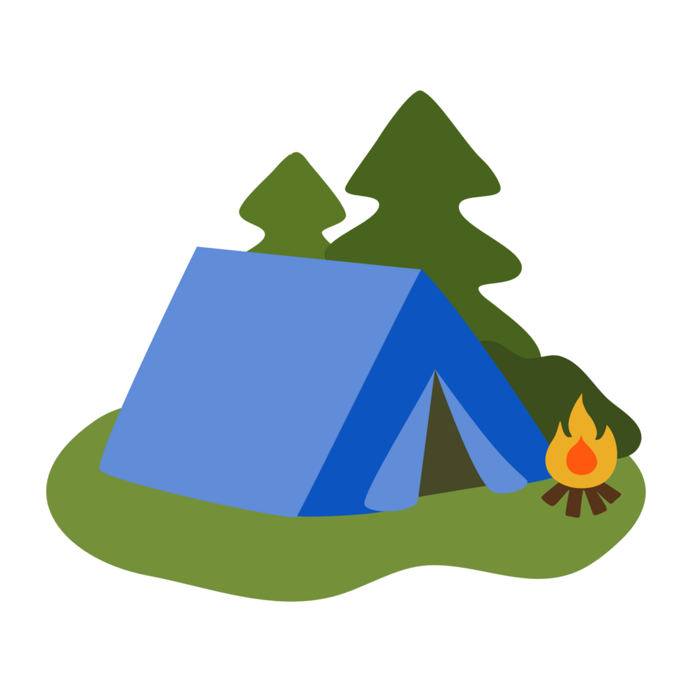 Illustration of a cartoon of a camping tent in the middle of a natural forest. png