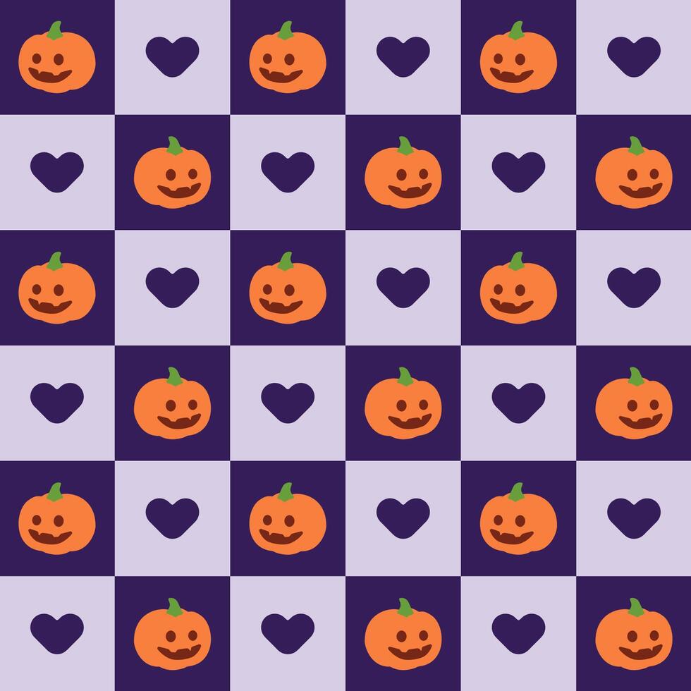 Cute Pumpkin and Heart Checkerboard Pattern. Halloween Pumpkins and Hearts Pattern Design. vector