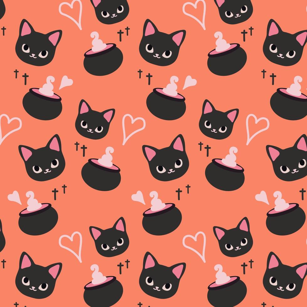Cute Black Cat and Witch Cauldron Pattern. Cute pattern features cute black cats, magical cauldrons, and hearts on a coral background. vector