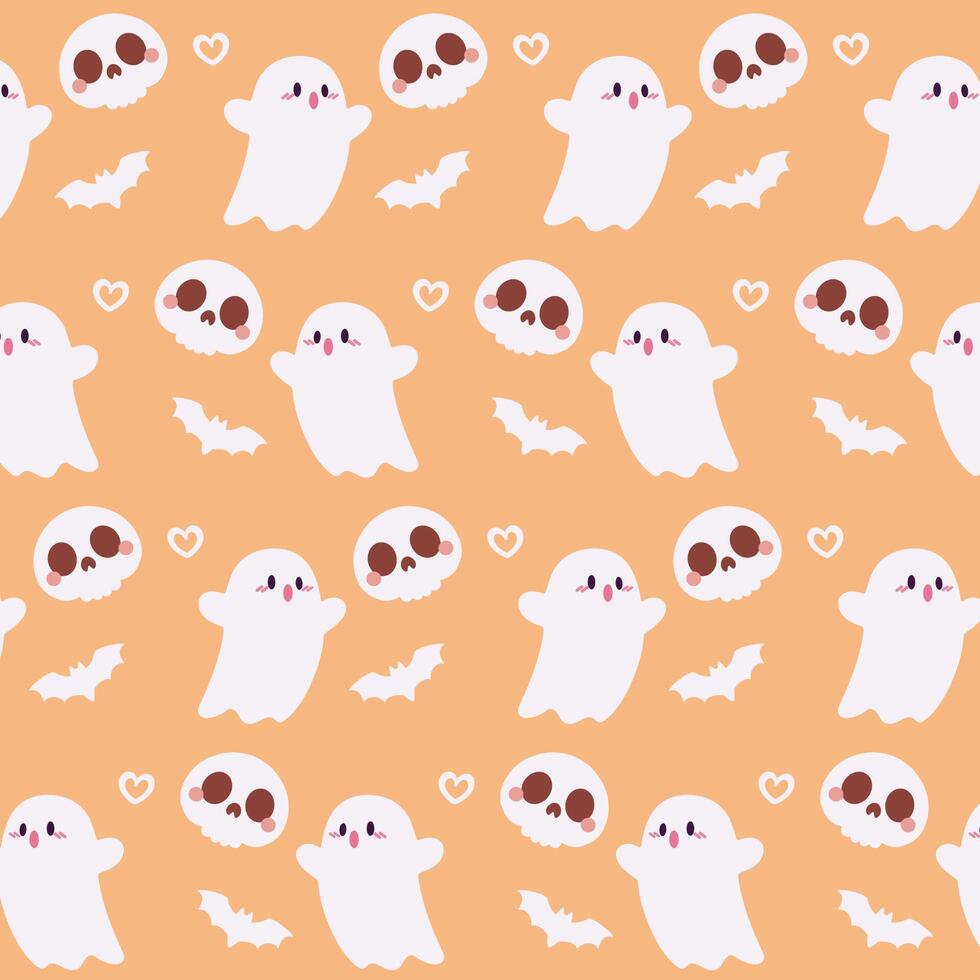 Cute Halloween Ghost and Skull Pattern on Orange Background. Adorable Halloween Ghosts, Skulls, and Bats Illustration. vector