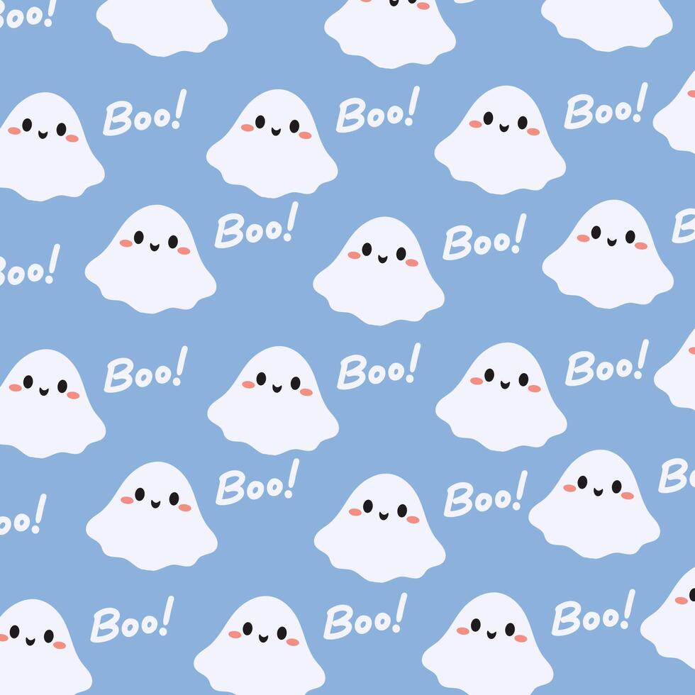 Happy Ghost Pattern with Blue Background for Halloween. A charming and playful Halloween themed pattern featuring cute, smiling ghosts and Boo text on a soft blue background. vector