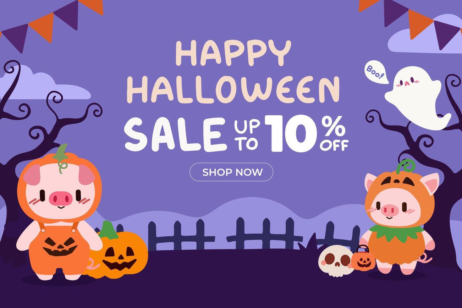 Cute Halloween Sale Banner with Pig Characters in Pumpkin Costumes. Halloween Discount Promo with Adorable Pumpkin Pigs and Ghost.Spooky Halloween Sale Banner Featuring Piglets and Ghost. vector