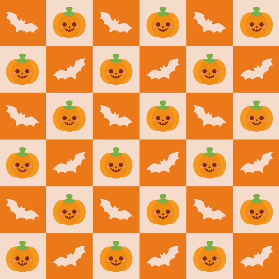 Halloween Checkered Pattern with Pumpkins and Bats. A Halloween checkered pattern featuring smiling Jack O Lanterns and spooky bats arranged on an orange and cream grid. vector