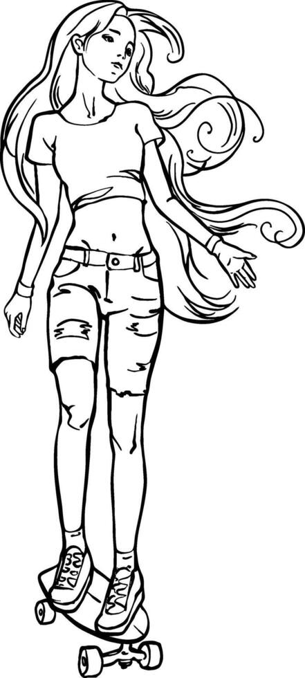 line drawing Girl on a skateboard vector