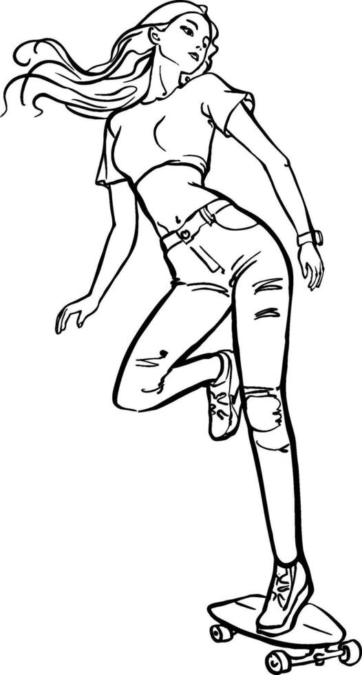 Girl on a skateboard black and white line drawing vector