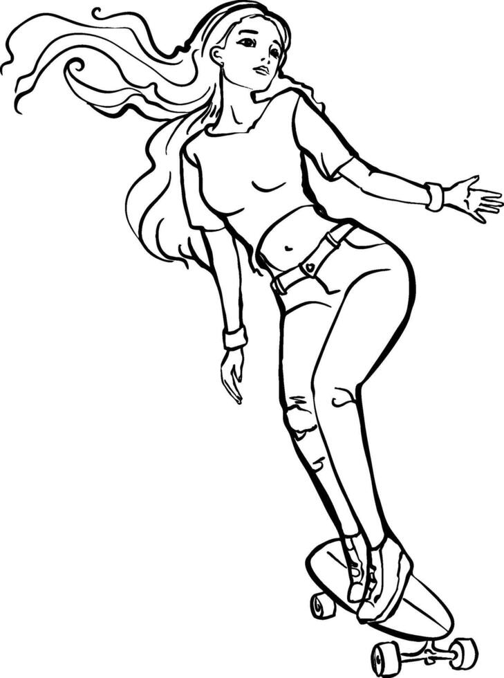Girl on a skateboard black and white line drawing vector