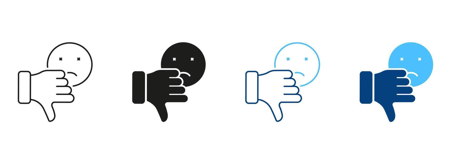 Thumb Down With Sad Emoticon Line and Silhouette Icon Set. Bad Feedback, Dislike Emoji Pictogram. Unlike Symbol For Social Media. Disagree Sign. Editable Stroke. Isolated Illustration vector