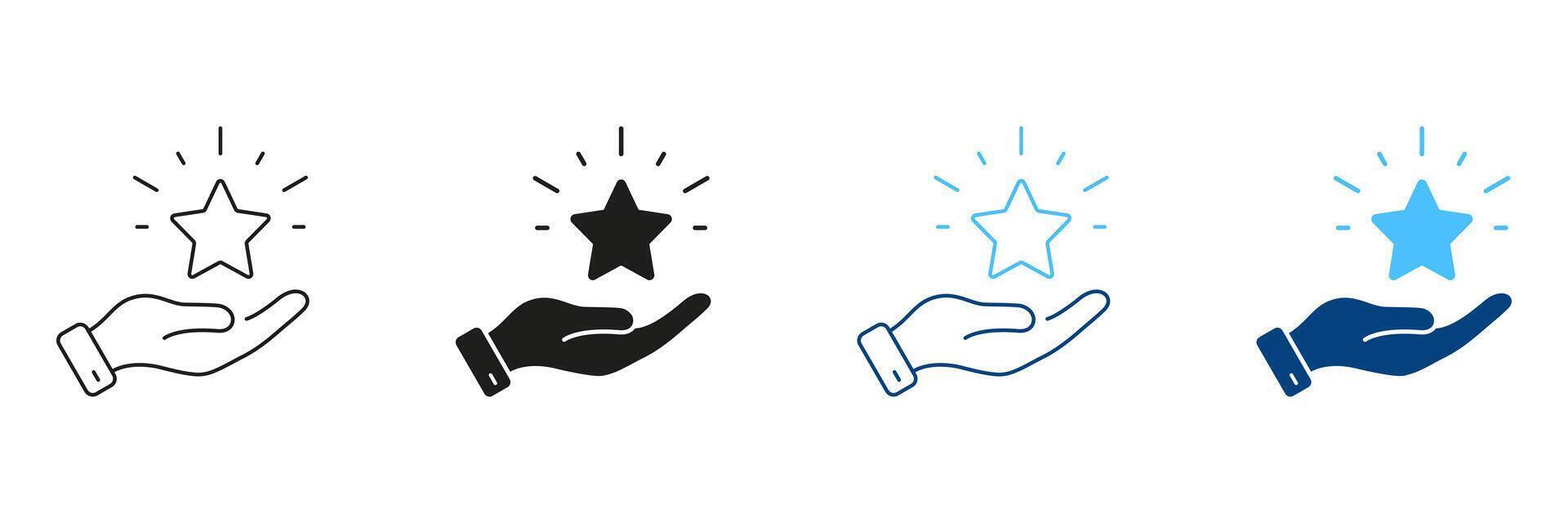 Customer Satisfaction Line and Silhouette Icon Set. Hand With Star, Good Feedback Pictogram. Best Quality Service Symbol. Positive Review Sign. Editable Stroke. Isolated Illustration vector