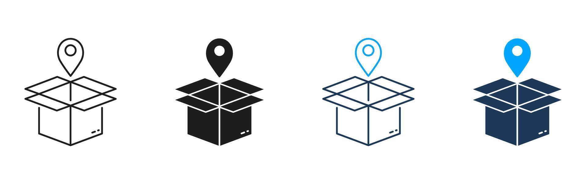 Order Location Line and Silhouette Icon Set. Pointer with Box, Shipping Sign. Pick Up Package Icon. Delivery Service Pictogram. Receive Parcel Place. Editable Stroke. Isolated Illustration vector