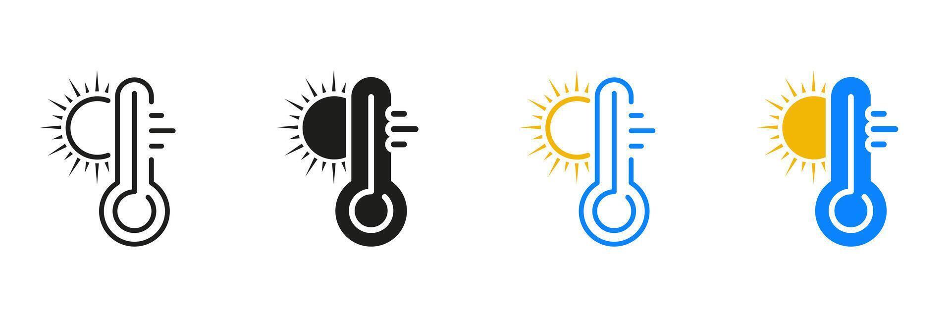 Hot Temperature Line and Silhouette Icon Set. Thermometer with Sun Pictogram, Heat Sunny Day. Climate Change, Warm Weather Symbol. Global Warming Sign. Isolated Illustration vector