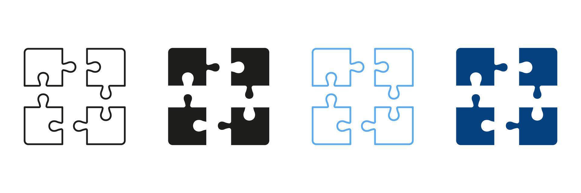 Jigsaw Square Pieces Match Line and Silhouette Icon Set. Puzzle Challenge, Teamwork, Logic Game, Idea Sign. Combination Solution Icon. Editable Stroke. Isolated Illustration vector
