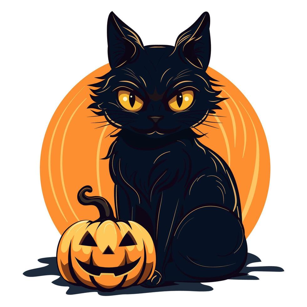 Black cat with pumpkin on the background of the moon vector